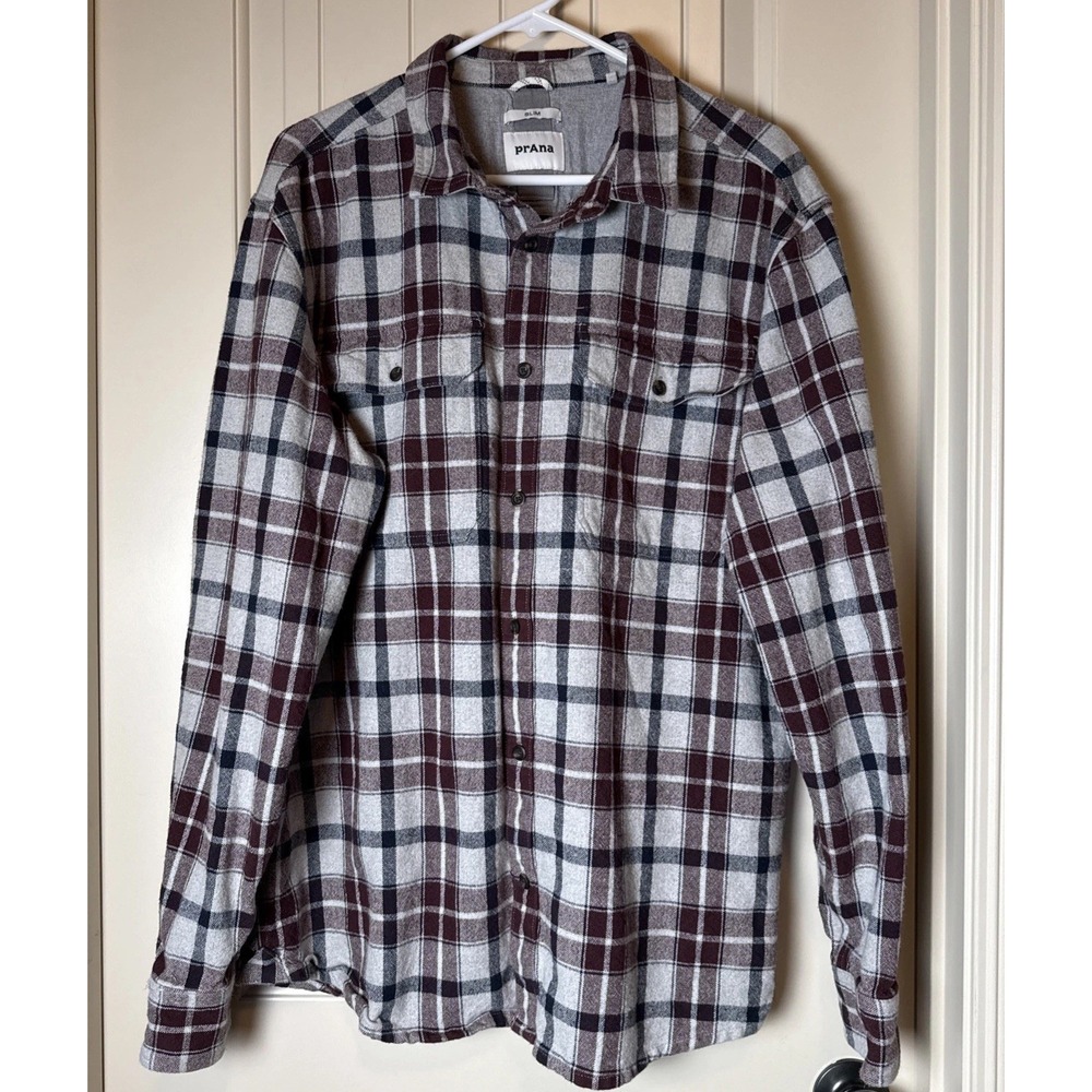 prAna Mens XL Multi Slim Button Down Plaid Heavy Flannel Organic Cotton Pockets